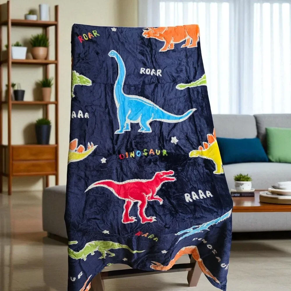 Glow in the Dark Dinosaur Throw Blanket – Blue, for Kids, Soft & Cozy, NEW - Picture 3 of 11